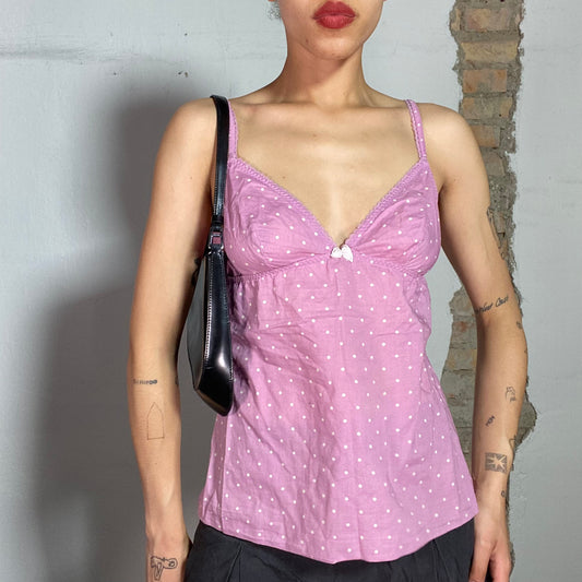 Vintage 90's Soft Girl Pink Cami Top with White Polka Dots (S)