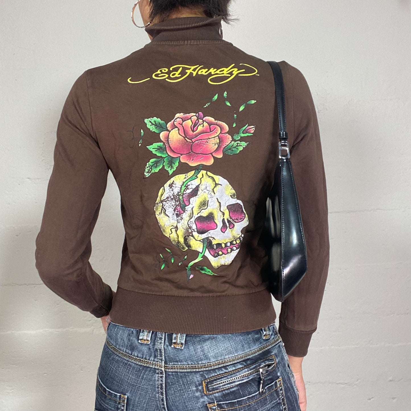 Vintage 2000's Ed Hardy Brown Zip Up Sweater with Skull and Rose Print (S)