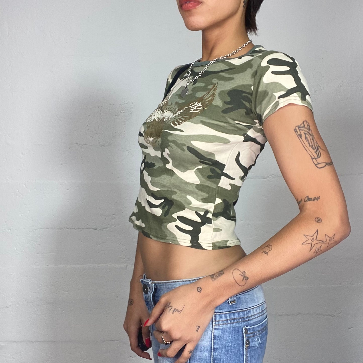 Vintage 2000's Rave Khaki Camo Top with Golden Eagle Print (S)