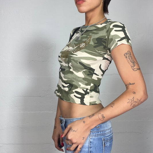 Vintage 2000's Rave Khaki Camo Top with Golden Eagle Print (S)
