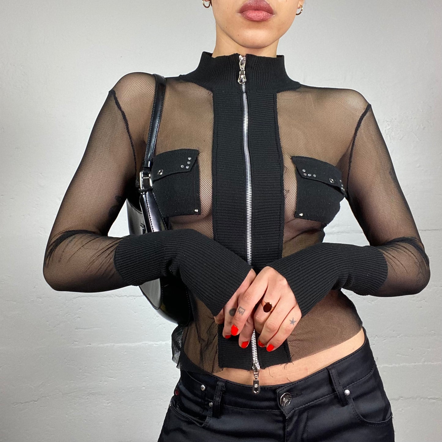 Vintage 2000's Rave Black Mesh Fishnet Zip Up Top with Pockets Covering Part Detail (S/M)