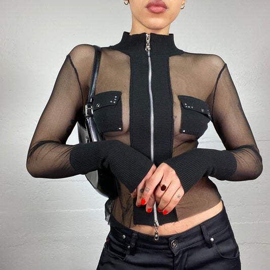 Vintage 2000's Rave Black Mesh Fishnet Zip Up Top with Pockets Covering Part Detail (S/M)