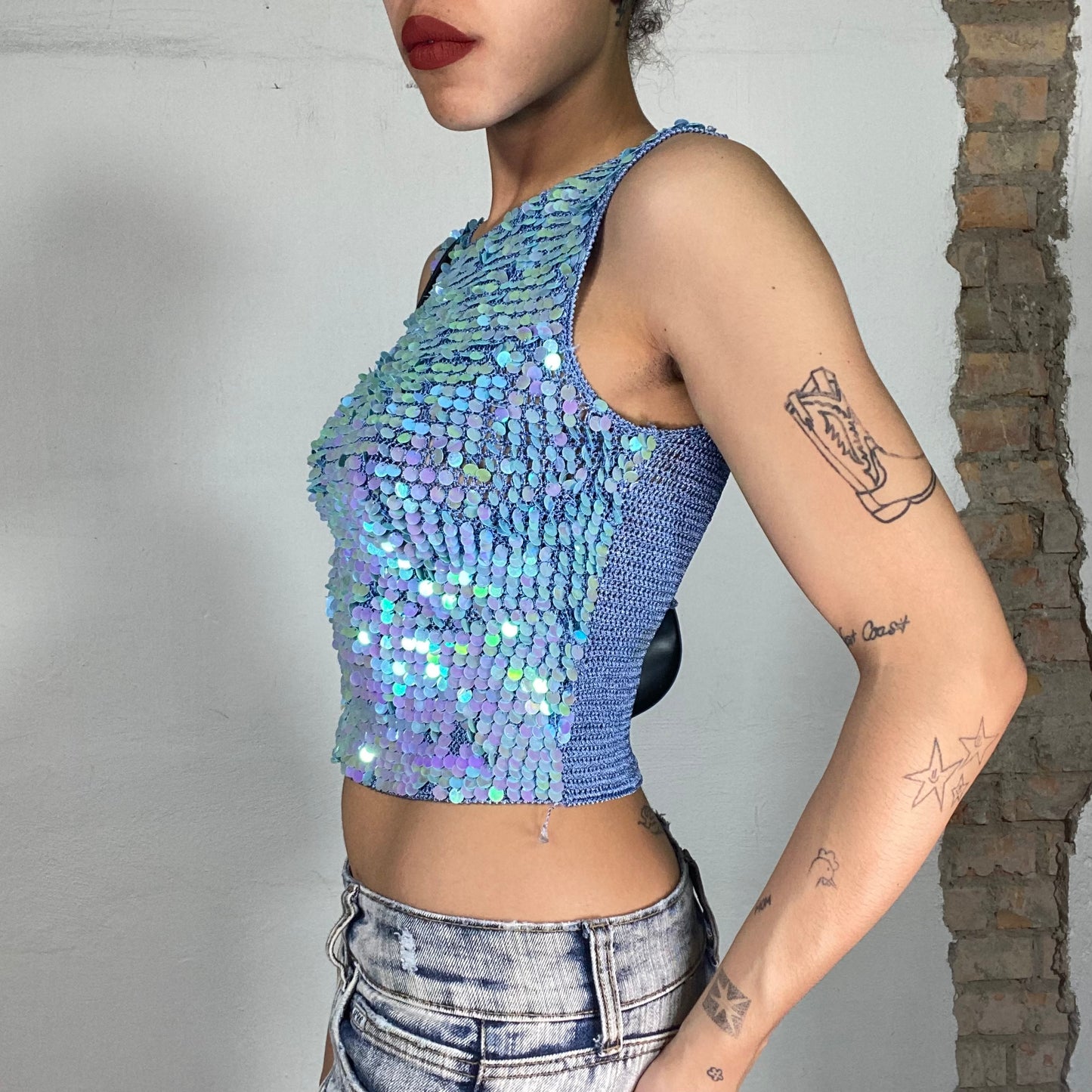 Vintage 2000's Festival Blue Sequin Knit Tank Top (S)