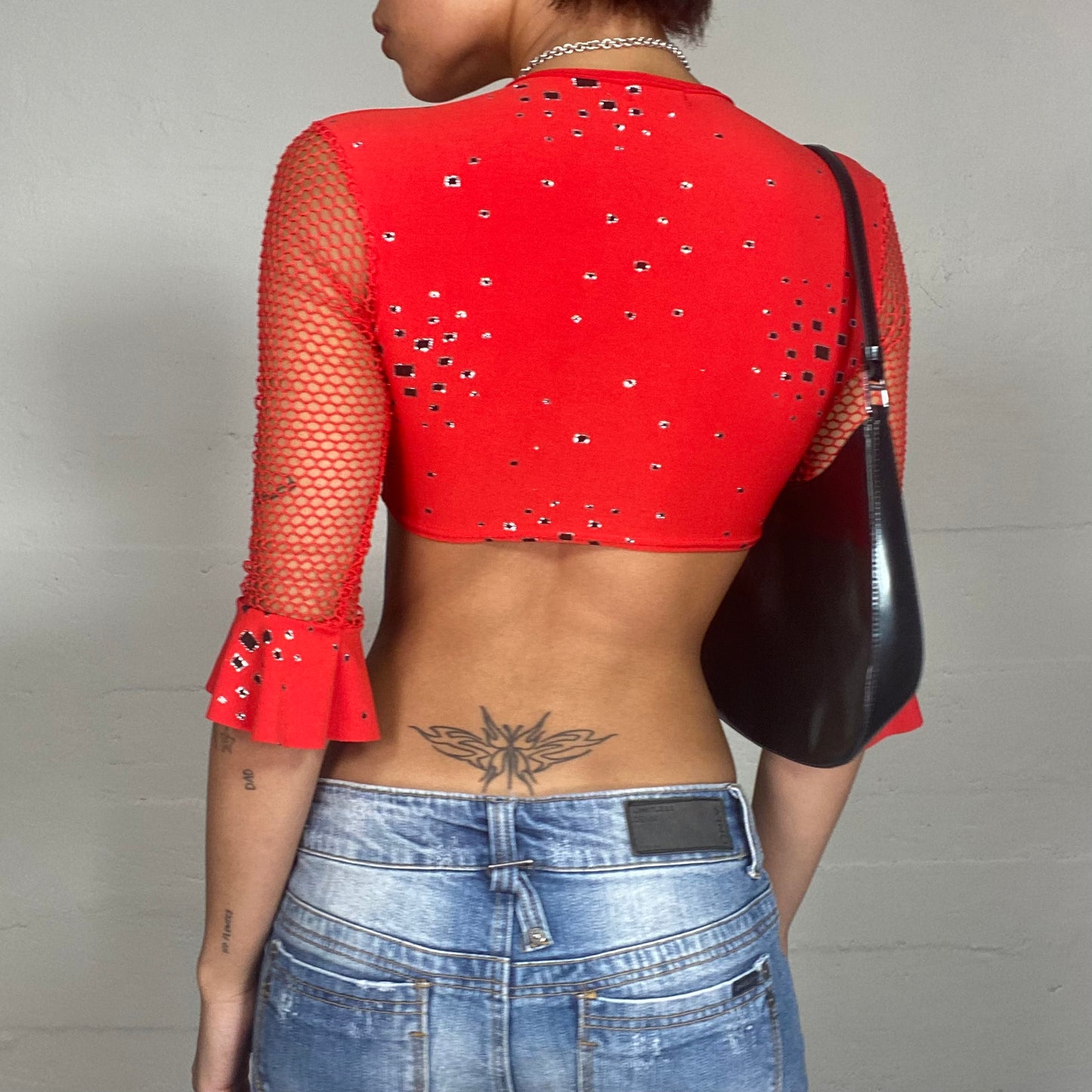 Vintage 2000's Festival Red Crop Top with Flared Sleeves Detail (S)