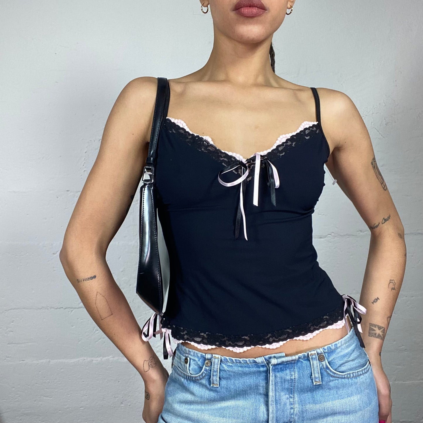 Vintage 2000's Romantic Black Top with Pink Neckline Lace Lining  (S)