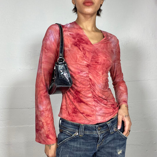 Vintage 2000's Downtown Girl Red Tie Dye Longsleeve Top with Ruched Central Seam Detail (S/M)