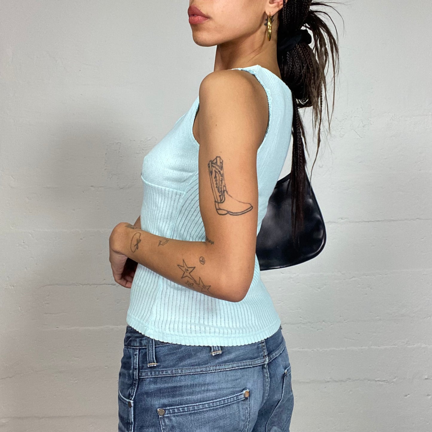 Vintage 2000's Babydoll Blue Ribbed Top with Lace Up Detail (S)
