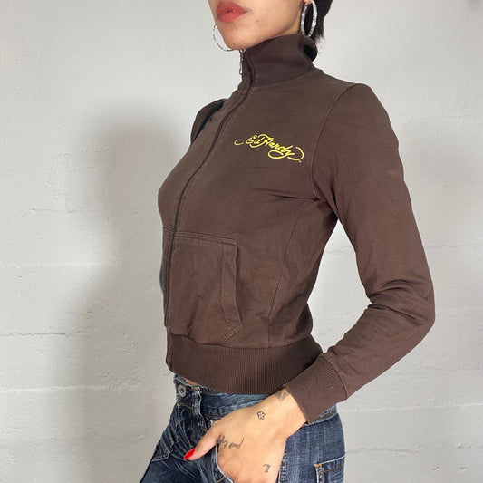 Vintage 2000's Ed Hardy Brown Zip Up Sweater with Skull and Rose Print (S)