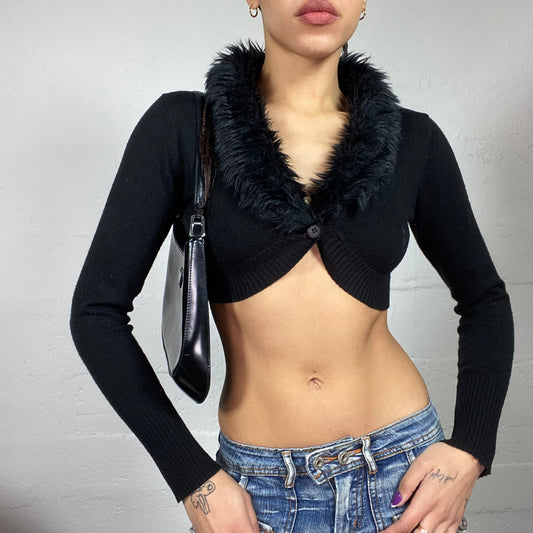 Vintage 2000's English It Girl Black Knit Cropped Cardigan with Furry Neckline Detail (S)