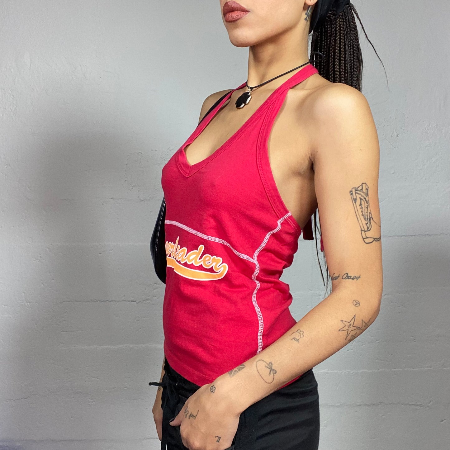 Vintage 2000's College Girl Red Neckholder Top with Yellow "Cheerleader" Print (S)