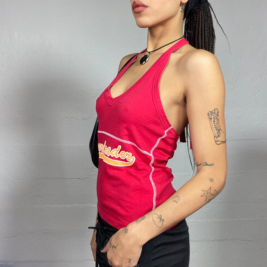 Vintage 2000's College Girl Red Neckholder Top with Yellow "Cheerleader" Print (S)