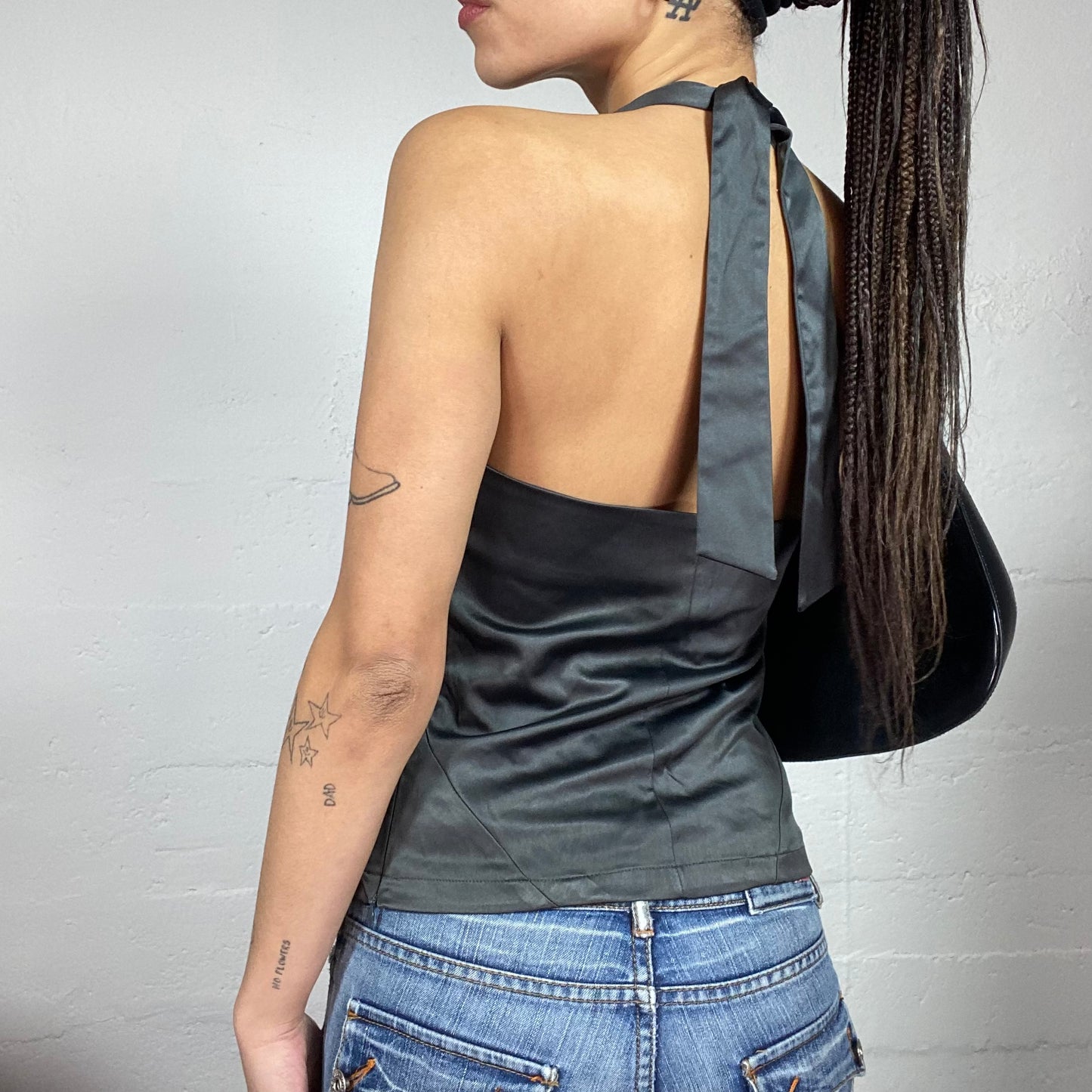 Vintage 2000's Clubwear Black Satin Neckholder Top with Bandaids Material Detail (M)
