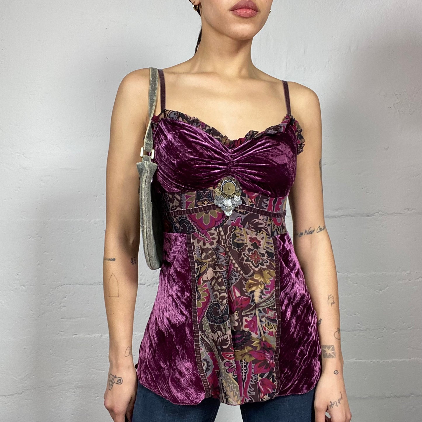 Vintage 2000's Morgan Indie Purple Velvet Top with Floral Trim Print and Coins Beads Detail (S/M)