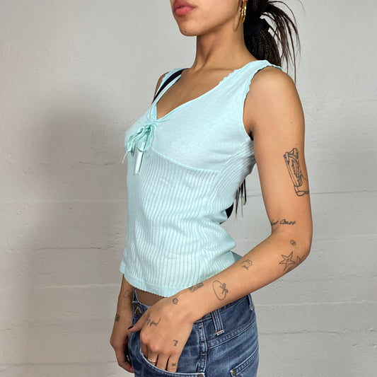Vintage 2000's Babydoll Blue Ribbed Top with Lace Up Detail (S)