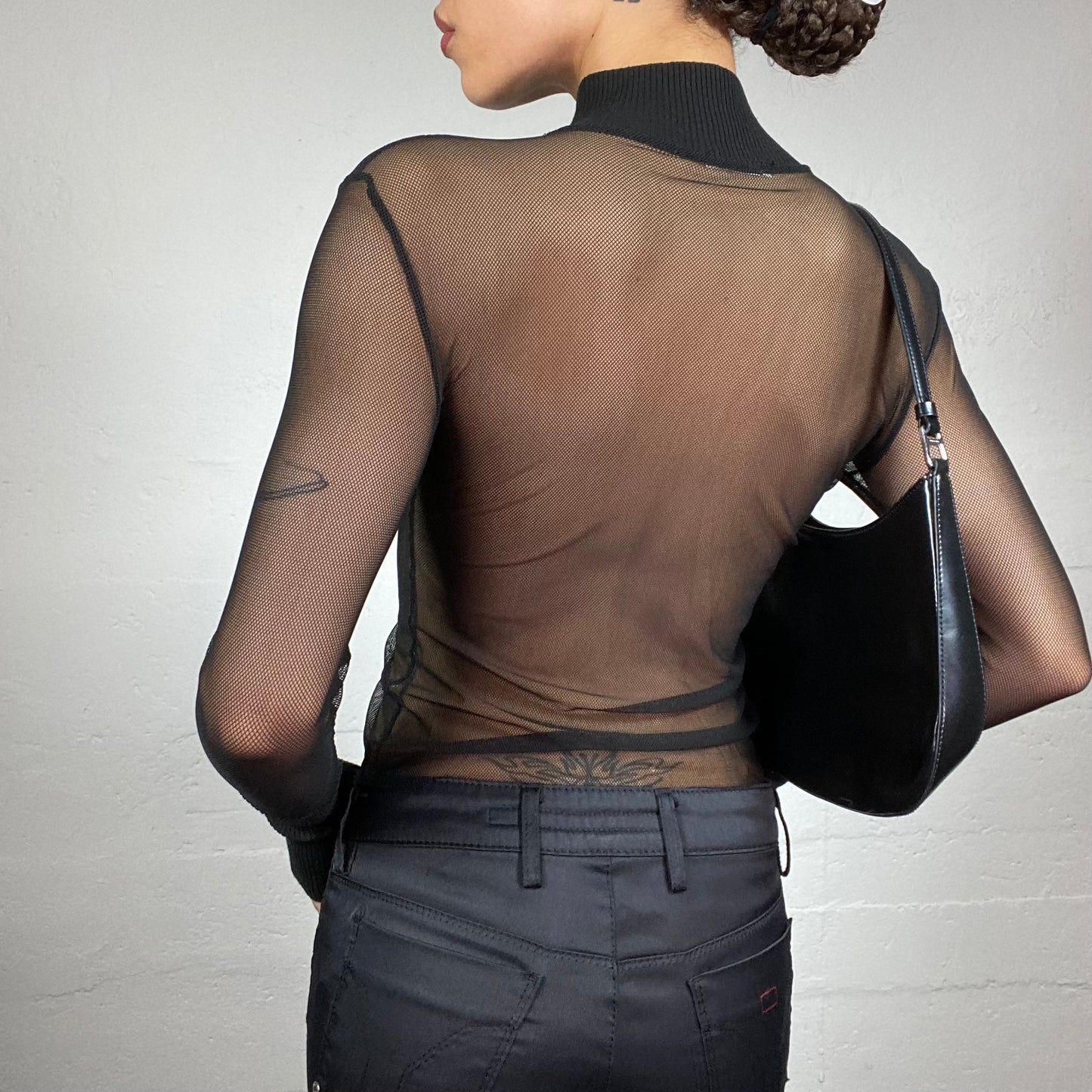 Vintage 2000's Rave Black Mesh Fishnet Zip Up Top with Pockets Covering Part Detail (S/M)