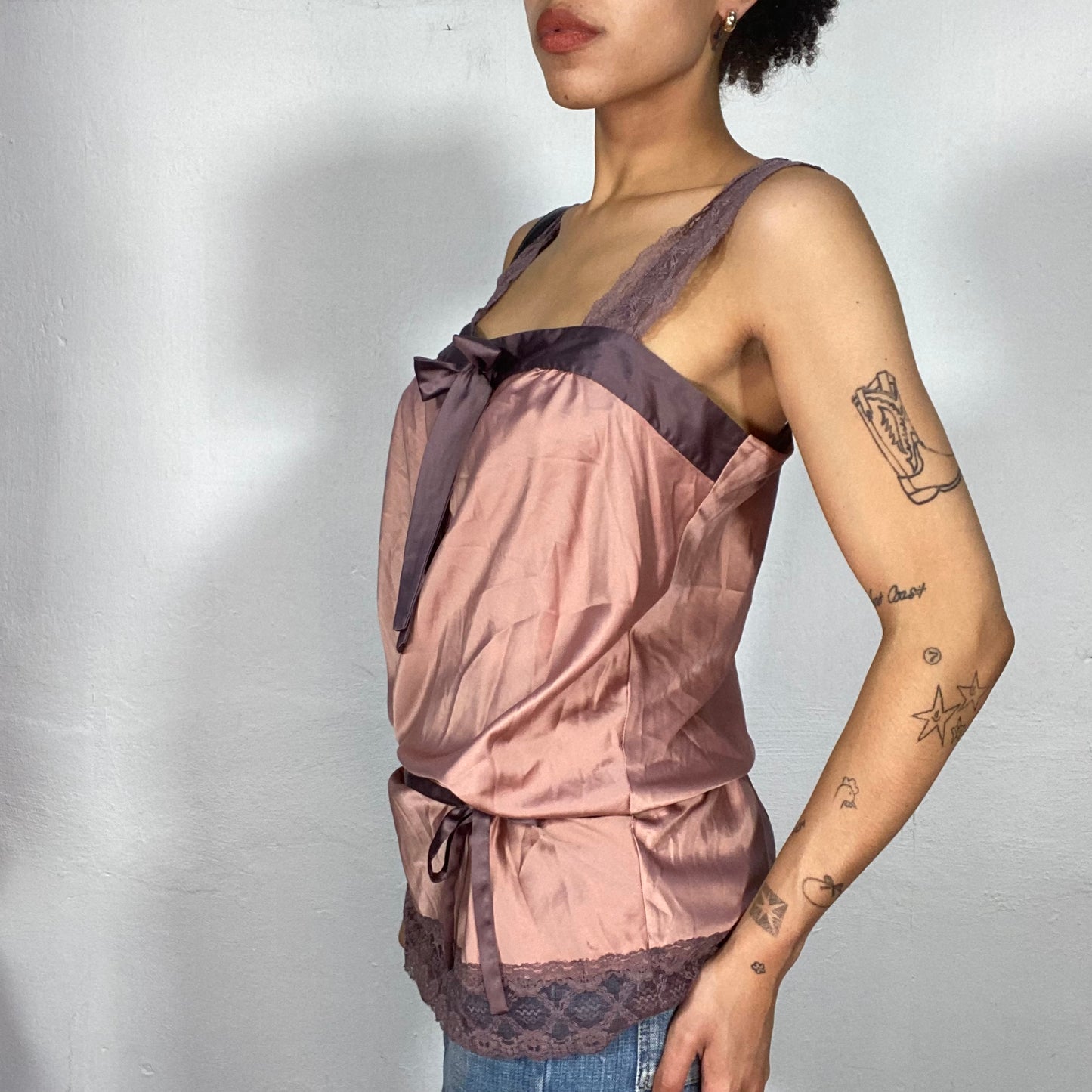 Vintage 2000's Coquette Dusty Pink Satin Top with Ribbon Details (S/M)