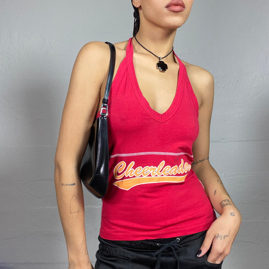 Vintage 2000's College Girl Red Neckholder Top with Yellow "Cheerleader" Print (S)
