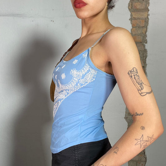 Vintage 90's Soft Girl Baby Blue Cami Top with Paisley Print (S)