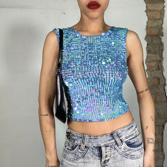 Vintage 2000's Festival Blue Sequin Knit Tank Top (S)