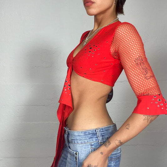 Vintage 2000's Festival Red Crop Top with Flared Sleeves Detail (S)