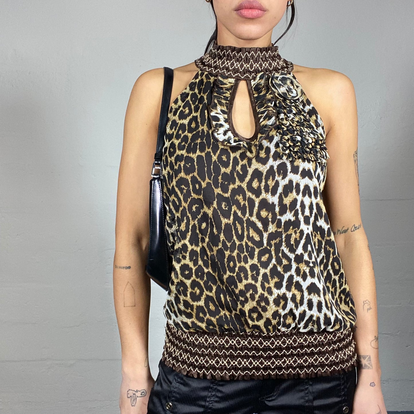 Vintage 2000's Mob Wife Brown Highneck Top with Cheetah Print and Rosette Detail (S)