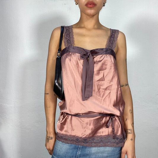 Vintage 2000's Coquette Dusty Pink Satin Top with Ribbon Details (S/M)
