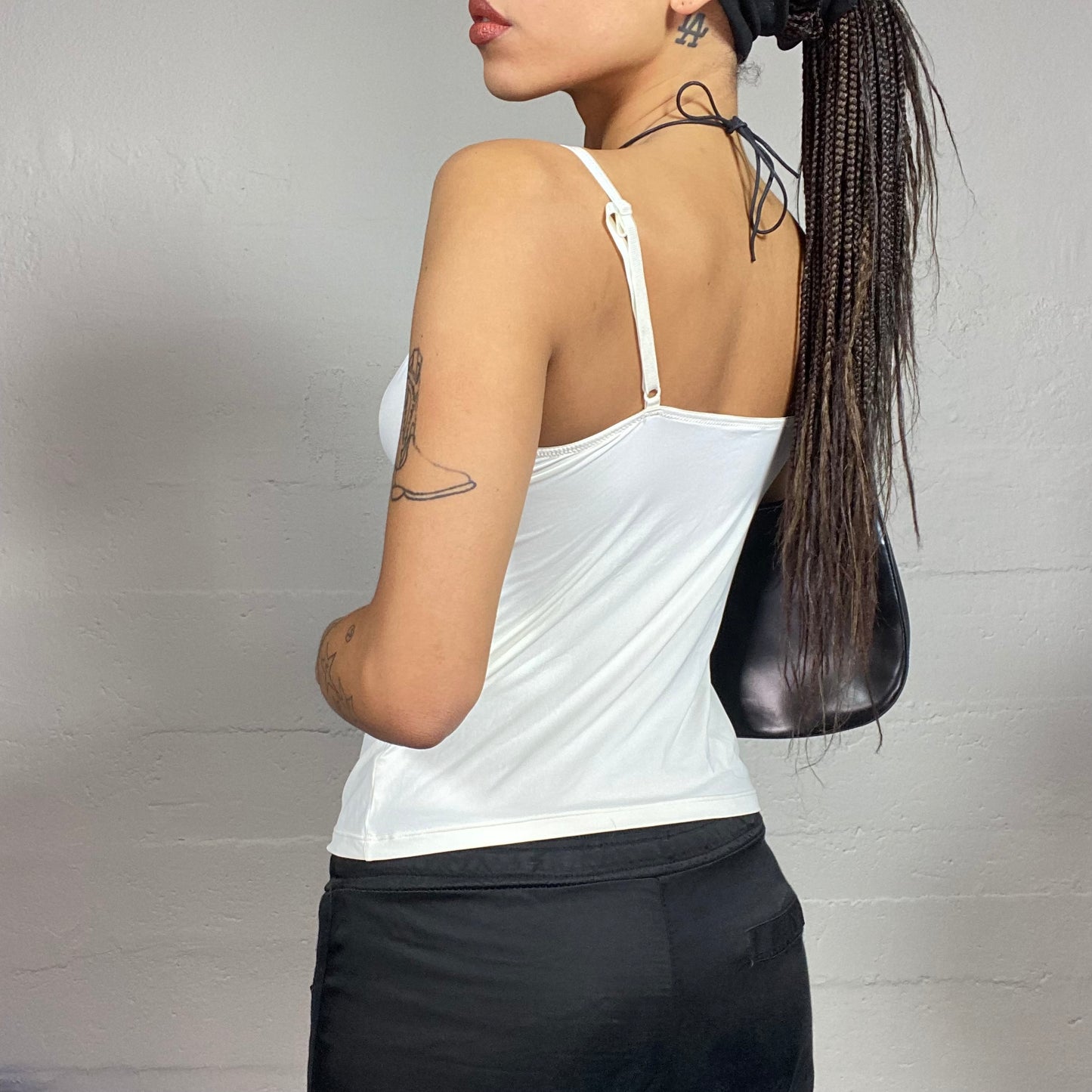 Vintage 2000's Coquette Girl White Top with Black Ribbon and Lace Detail (S)