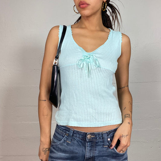 Vintage 2000's Babydoll Blue Ribbed Top with Lace Up Detail (S)