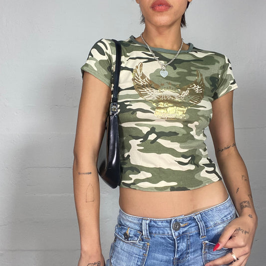 Vintage 2000's Rave Khaki Camo Top with Golden Eagle Print (S)
