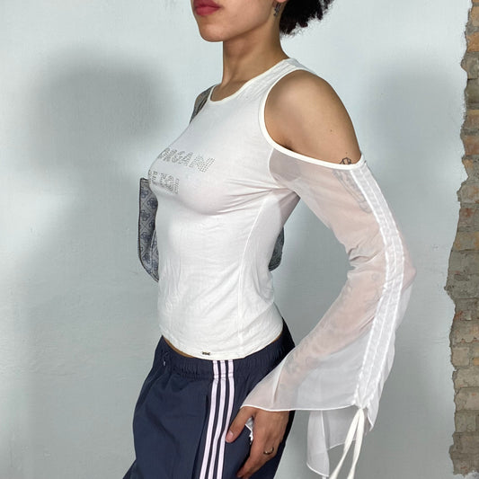 Vintage 2000's Morgan de Toi White Shoulder Free Top with Flowy Mesh Sleeves (S)