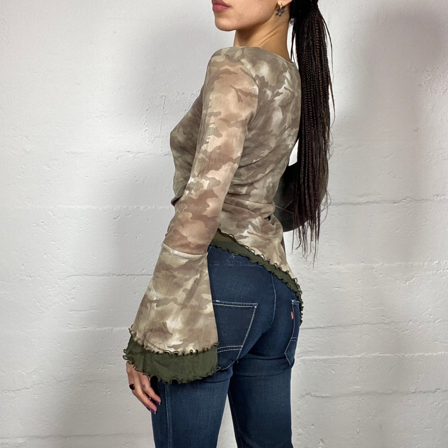 Vintage 2000's Rave Khaki Asymmetric Cut Top with Layered Camo Print Material (S/M)
