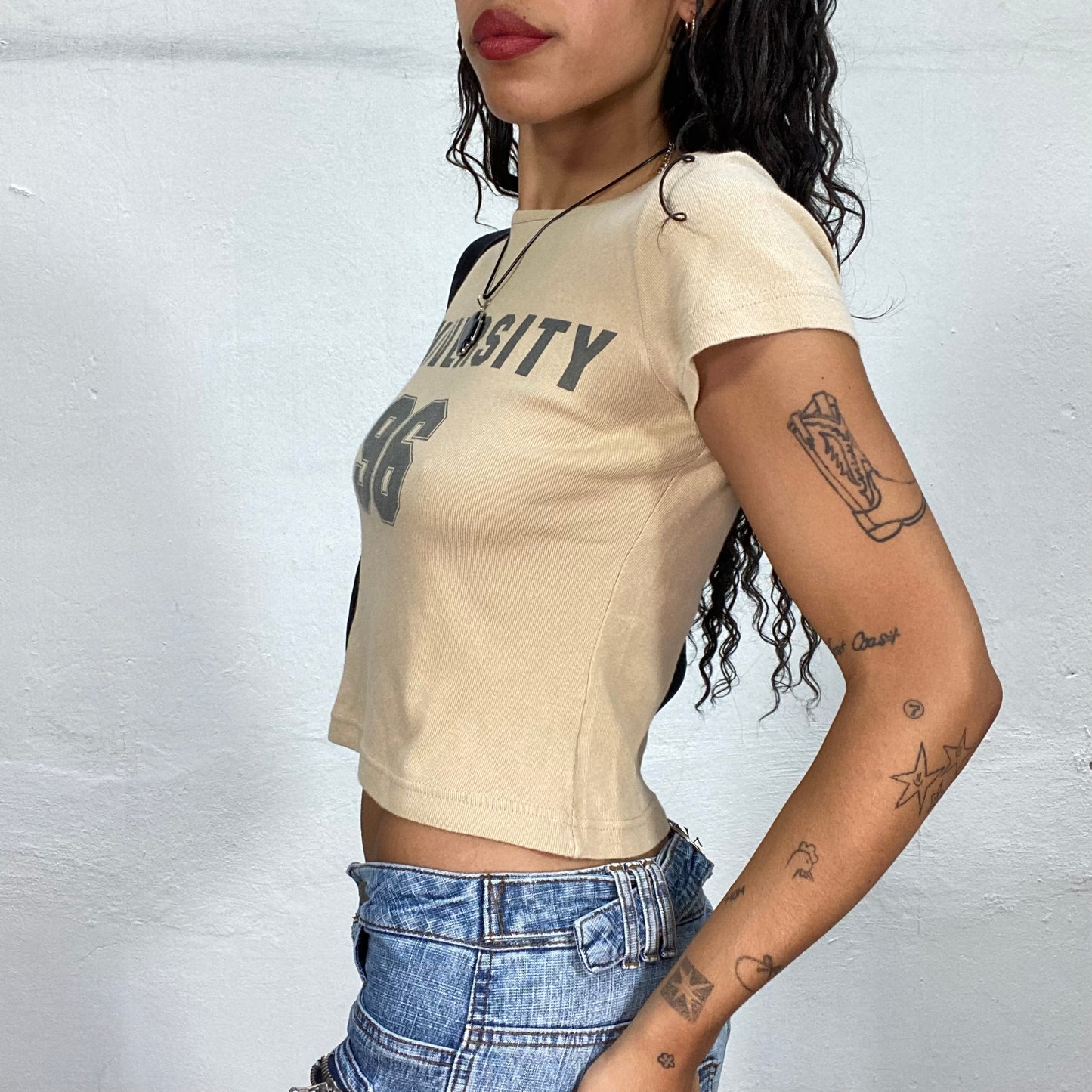 Vintage 2000's Sporty Girl Beige Top with"University 96" Print (M)