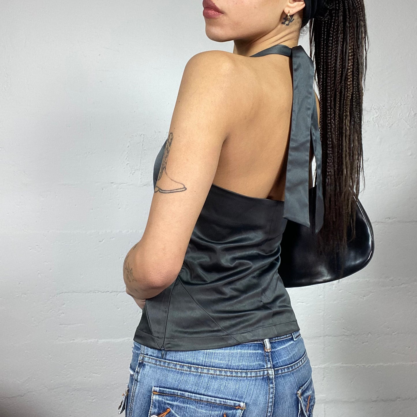 Vintage 2000's Clubwear Black Satin Neckholder Top with Bandaids Material Detail (M)