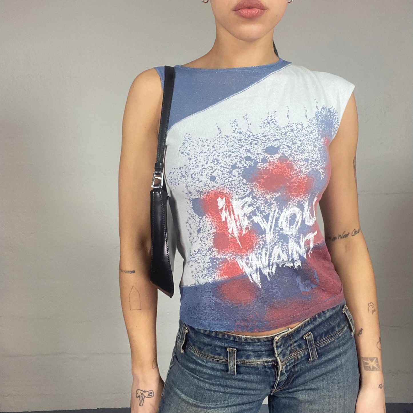 Vintage 90's Downtown Girl Blue Asymmetric Sleeve Top with 'If You Want' Sprayed Print (S)