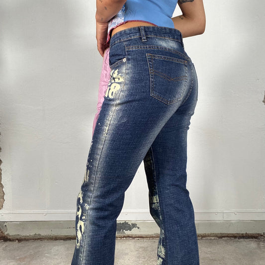 Vintage 2000's Street Style Dark Wash Flared Jeans with White Writing Print (S)