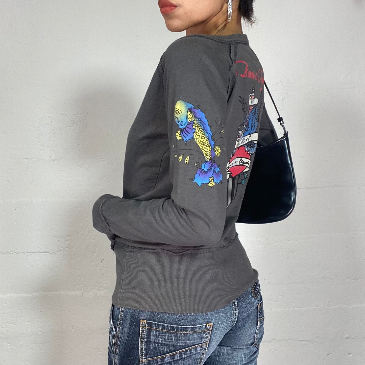 Vintage 2000's Sleaze Grey Open Neck Sweater with Tattoo Design Print (S)