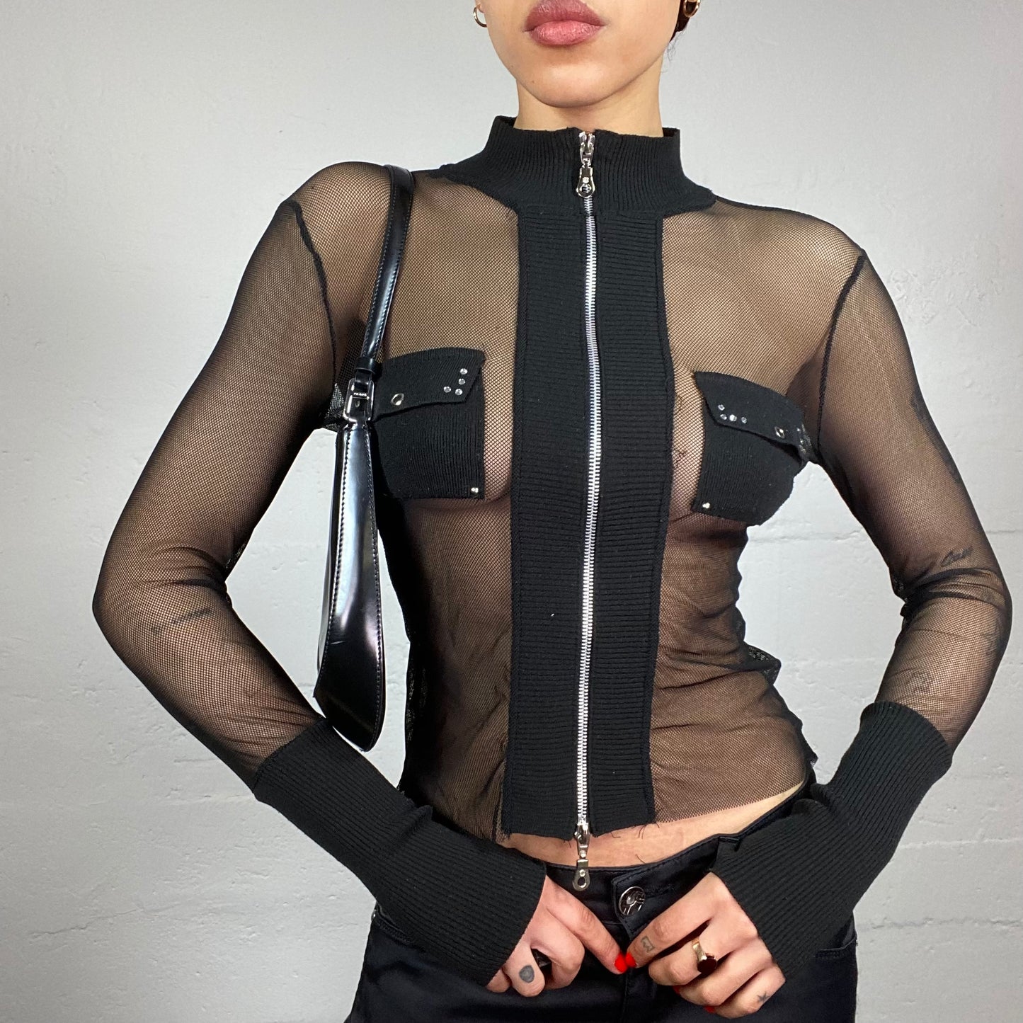 Vintage 2000's Rave Black Mesh Fishnet Zip Up Top with Pockets Covering Part Detail (S/M)