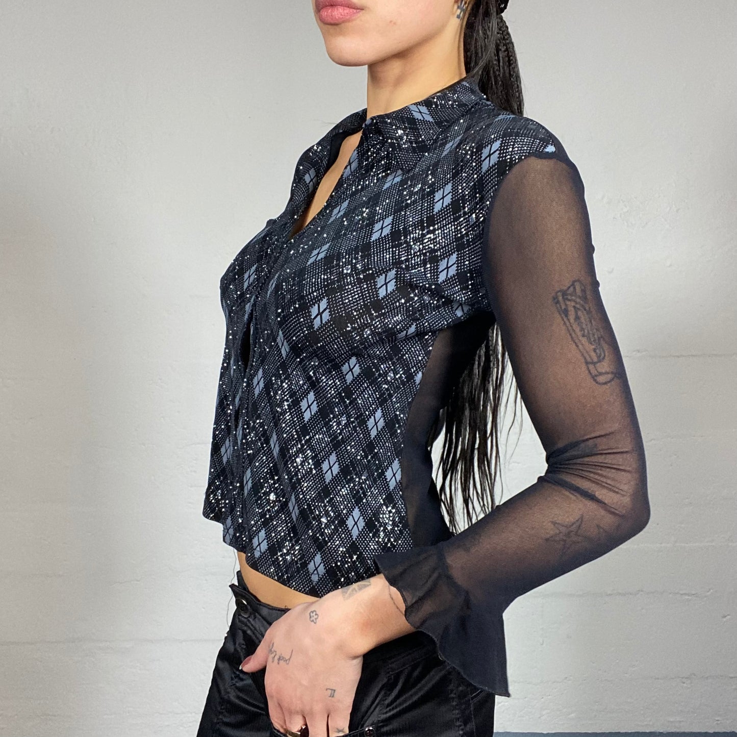 Vintage 2000's English It Girl Black Button Up Shirt Top with Checkered Print Detail (XS)