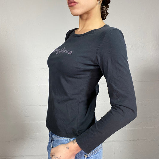 Vintage 2000's Pepe Jeans Black Longsleeve Top with Strass Brand Print Detail (S)