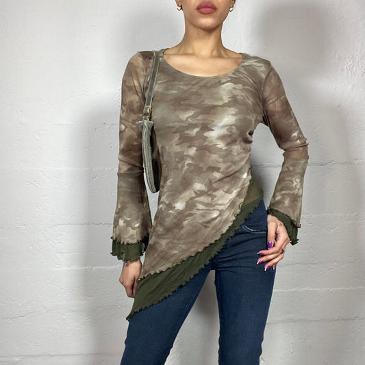 Vintage 2000's Rave Khaki Asymmetric Cut Top with Layered Camo Print Material (S/M)
