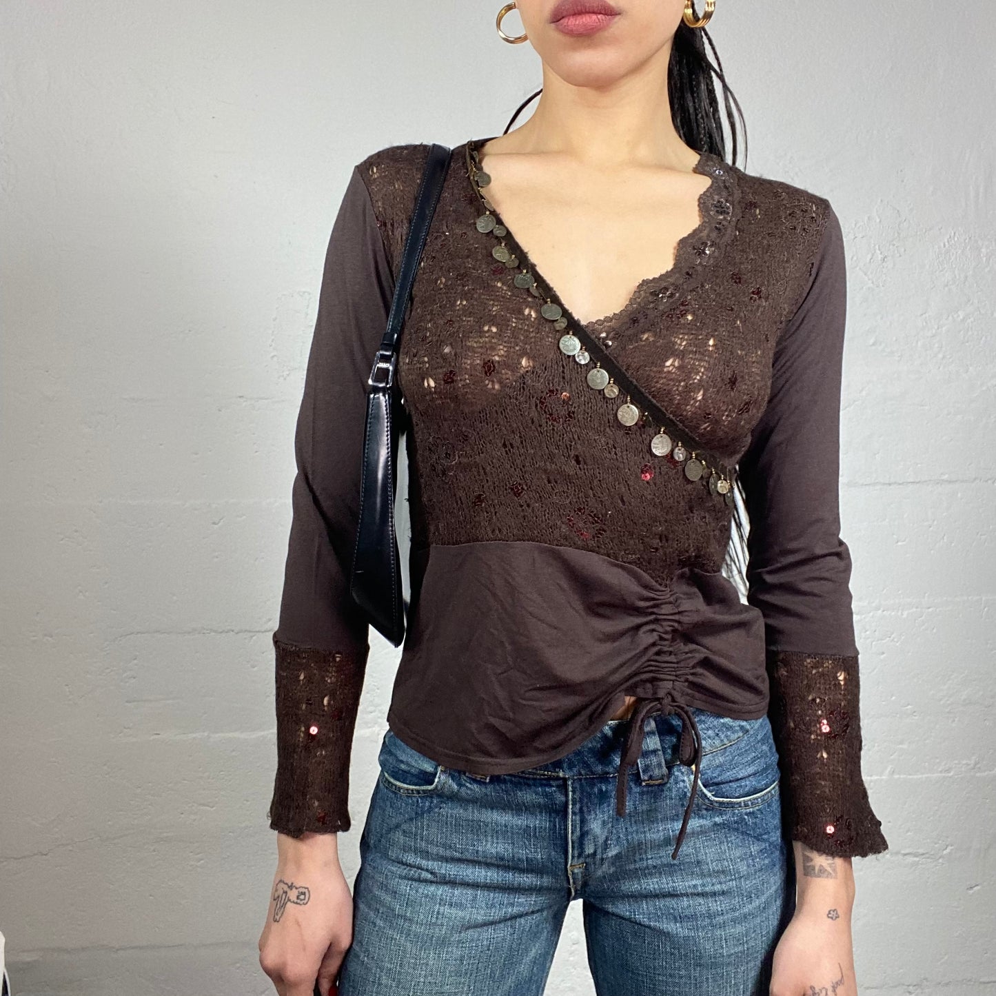 Vintage 2000's Boho Girl Brown Longsleeve Shirt Top with Crocheted Chest Detail (M)
