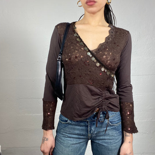 Vintage 2000's Boho Girl Brown Longsleeve Shirt Top with Crocheted Chest Detail (M)