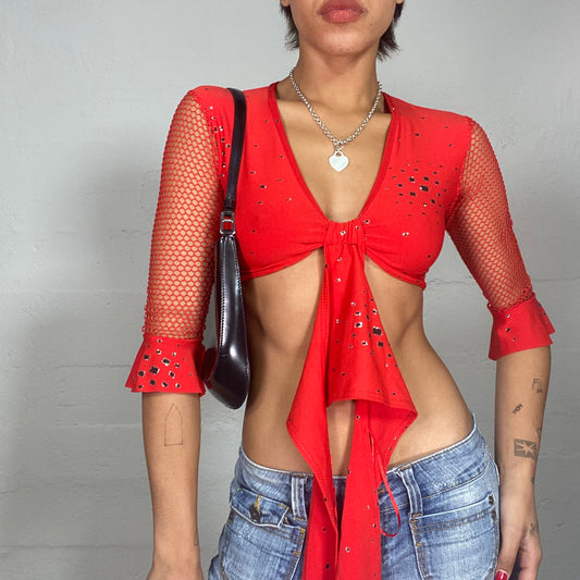 Vintage 2000's Festival Red Crop Top with Flared Sleeves Detail (S)