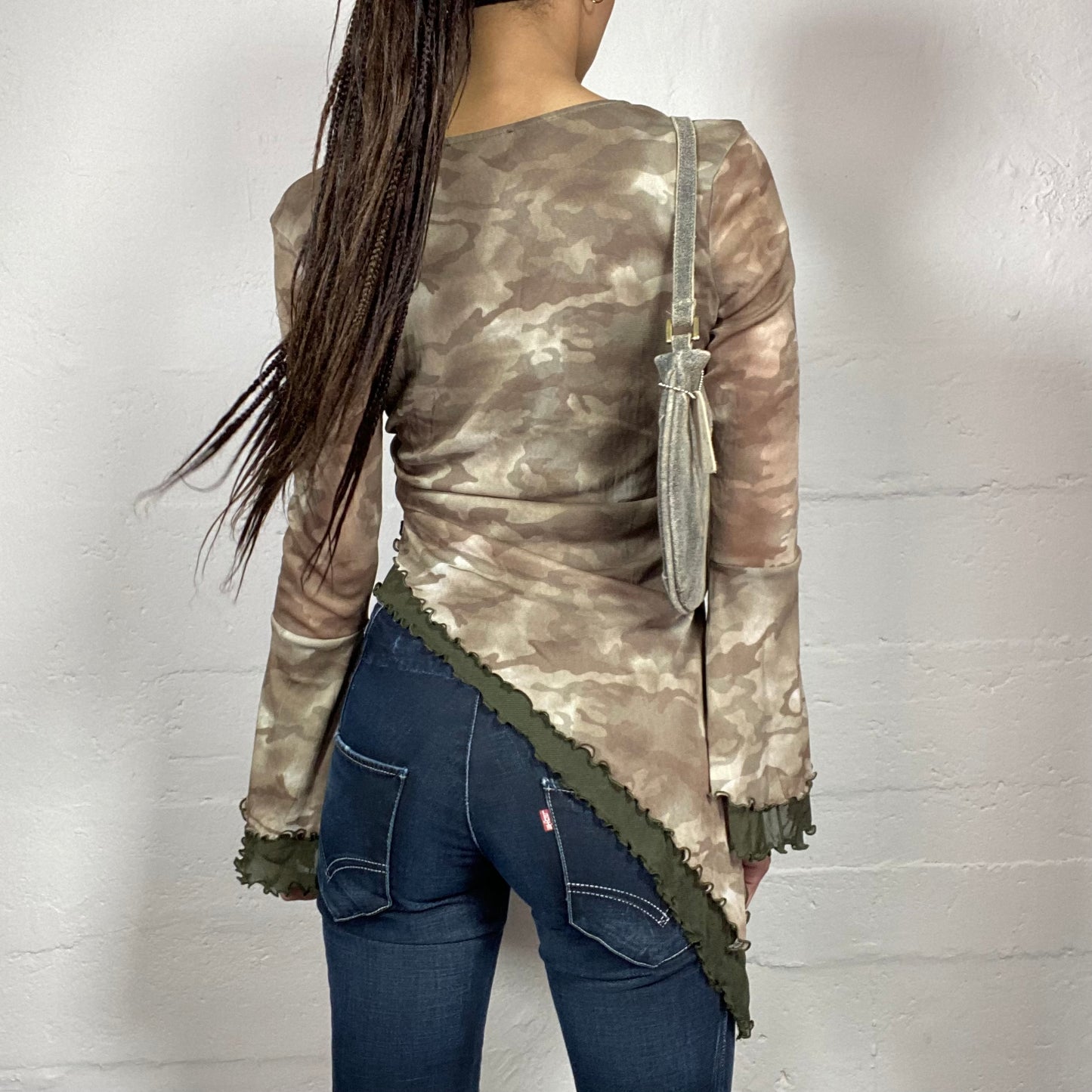 Vintage 2000's Rave Khaki Asymmetric Cut Top with Layered Camo Print Material (S/M)
