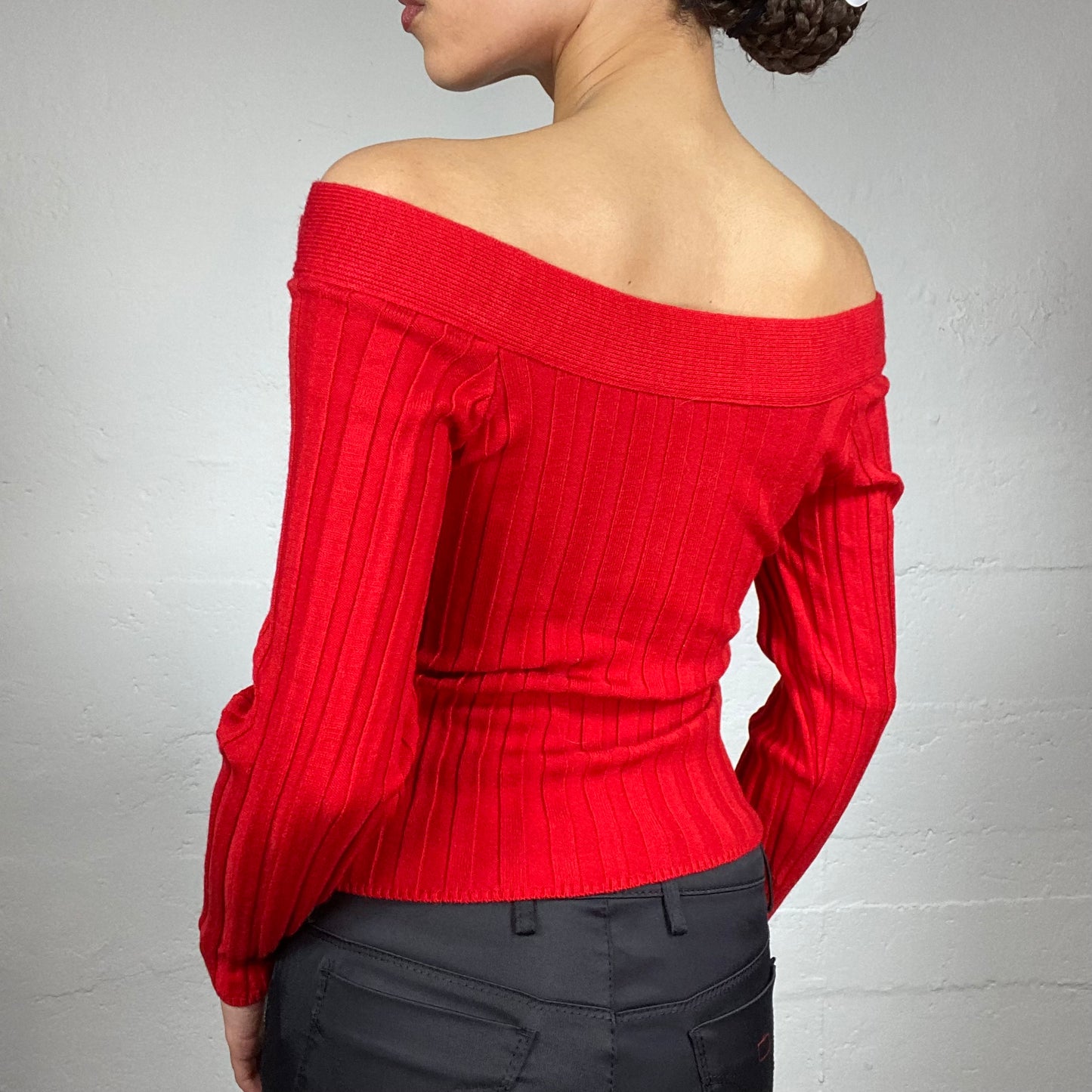Vintage 2000's Clubwear Red Off Shoulder Top with Buckle and Ribbed Knit Detail (XS)