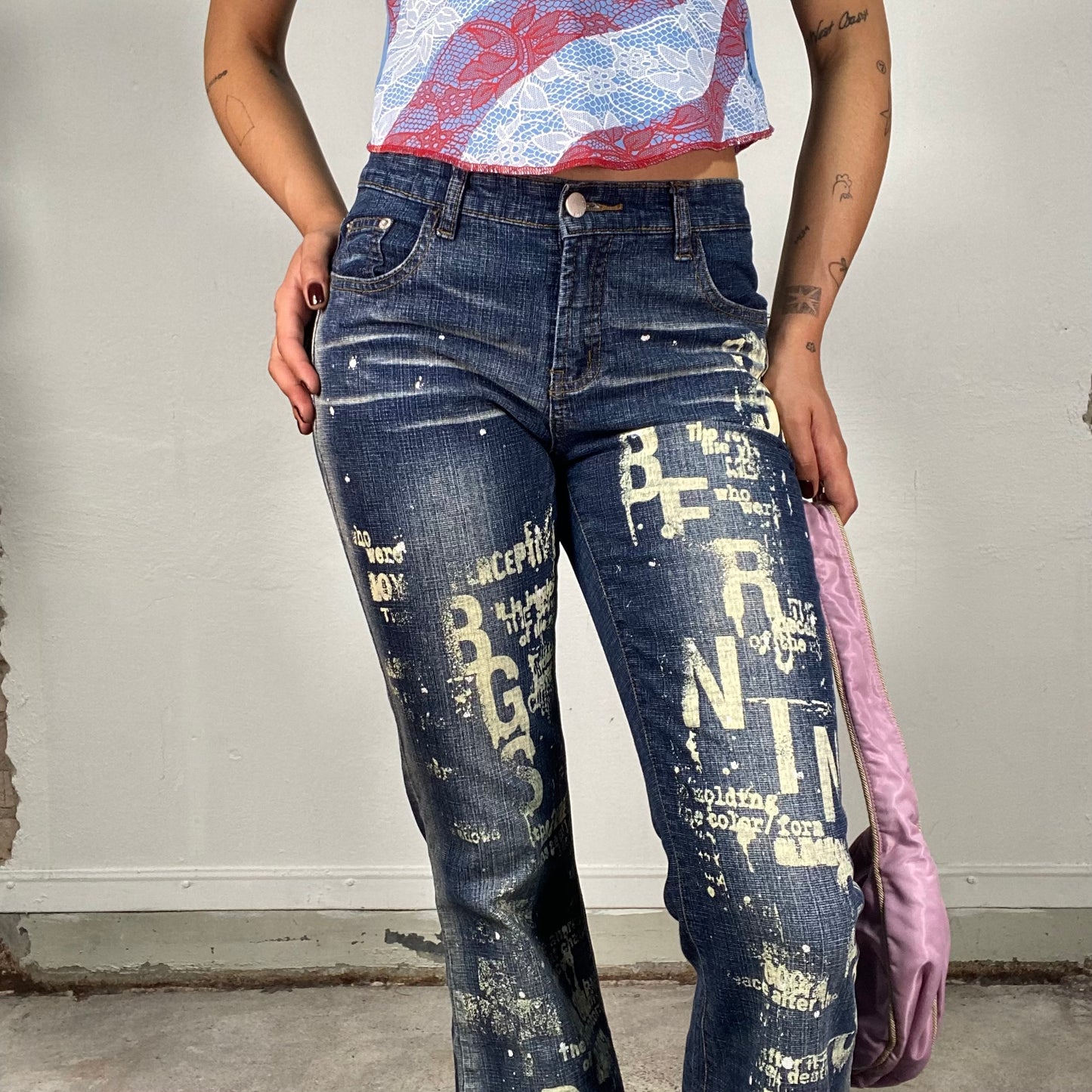 Vintage 2000's Street Style Dark Wash Flared Jeans with White Writing Print (S)