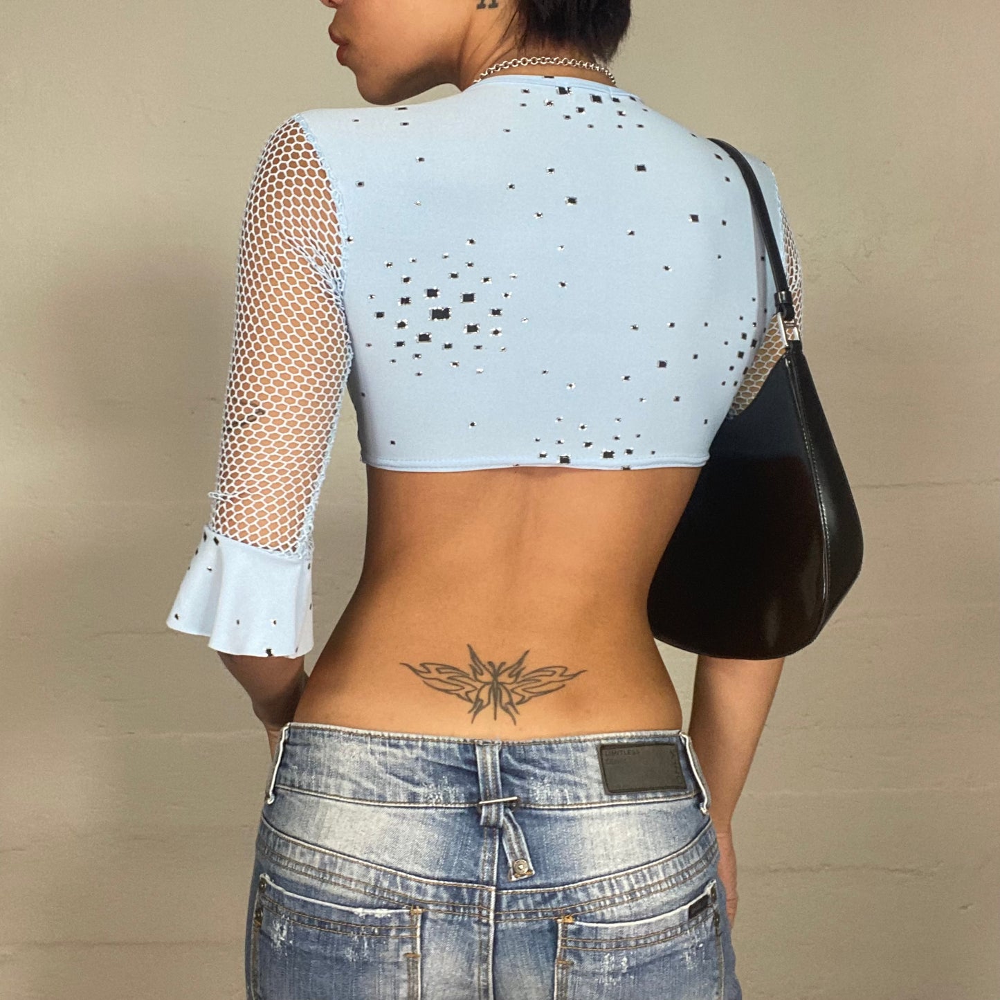 Vintage 2000's Festival Baby Blue Crop Top with Flared Fishnet Sleeves Detail (S)