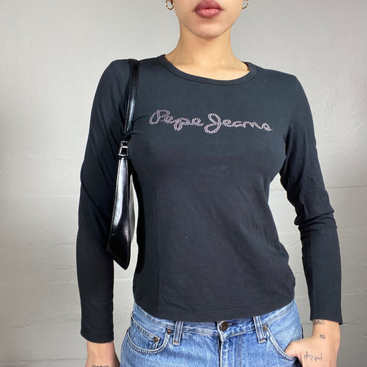 Vintage 2000's Pepe Jeans Black Longsleeve Top with Strass Brand Print Detail (S)