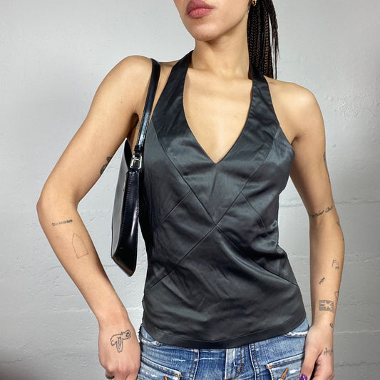 Vintage 2000's Clubwear Black Satin Neckholder Top with Bandaids Material Detail (M)