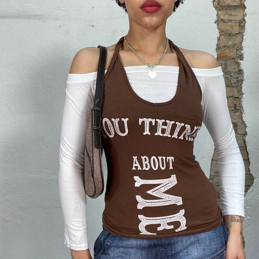 Vintage 2000's Downtown Girl White Longsleeve Off Shoulder Top with Brown Overlapping Neckholder Top (S)